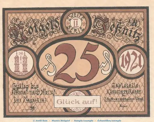 Notgeld Stadt Jessnitz 659.3 , 25 Pfennig Nr.3 -Glück auf- in kfr. von 1921 , Sachsen Anhalt Seriennotgeld