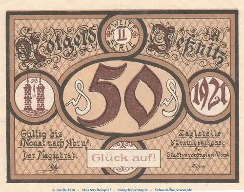 Notgeld Stadt Jessnitz 659.3 , 50 Pfennig Nr.2 -Glück auf- in kfr. von 1921 , Sachsen Anhalt Seriennotgeld