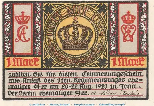 Notgeld ehemaliger 94er Jena 657.1.b , 1 Mark Schein Nr.4 o.Drfa. in kfr. von 1921 , Thüringen Seriennotgeld