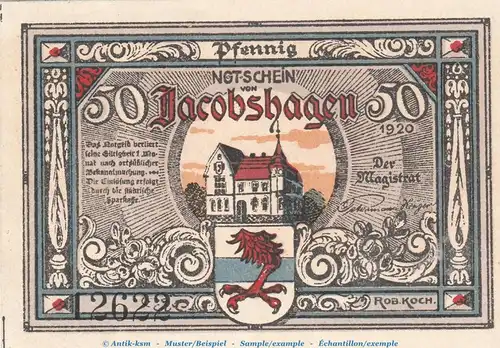 Notgeld Stadt Jacobshagen 651.1 , 50 Pfennig -Engel- in kfr. von 1920 , Pommern Seriennotgeld