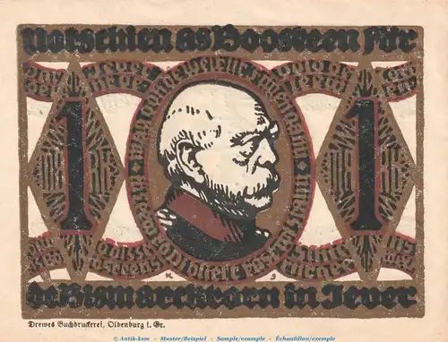 Notgeld Bismarckturm Jever 660.1 , 1 Mark Schein Nr.3 in kfr. o.D. Niedersachsen Seriennotgeld