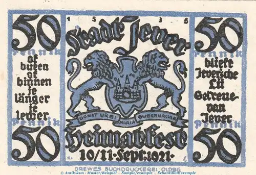 Notgeld Heimatverein Jever 661.1 , 50 Pfennig Schein Nr.2 in kfr. von 1921 , Niedersachsen Seriennotgeld