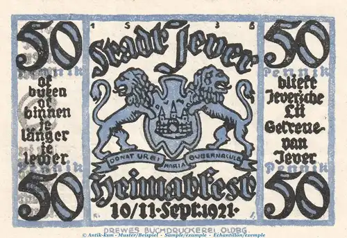 Notgeld Heimatverein Jever 661.1 , 50 Pfennig Schein Nr.3 in kfr. von 1921 , Niedersachsen Seriennotgeld