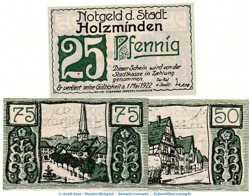 Notgeld Stadt Holzminden 625.1 , Set mit 3 Scheinen in kfr. o.D. Niedersachsen Seriennotgeld