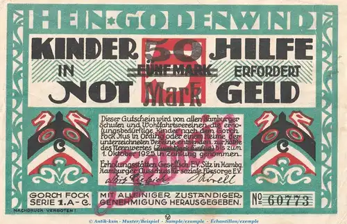 Notgeld -Liebicin- Hamburg 544.2 , 50 Mark Aufdruck in kfr. o.D. Hamburg Seriennotgeld