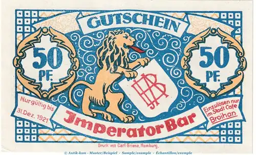 Notgeld Imperator Bar Hamburg 534.1 , 50 Pfennig Schein in kfr. o.D. Hamburg Seriennotgeld