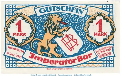 Notgeld Imperator Bar Hamburg 534.1 , 1 Mark Schein in kfr. o.D. Hamburg Seriennotgeld