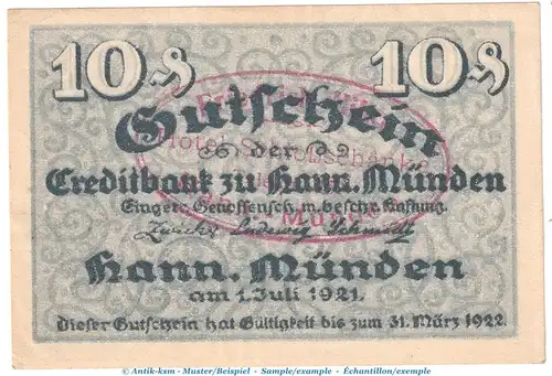 Notgeld Hann. Münden 577.1.b , 10 Pfennig -mit Stempel- in kfr. von 1921 , Niedersachsen Seriennotgeld