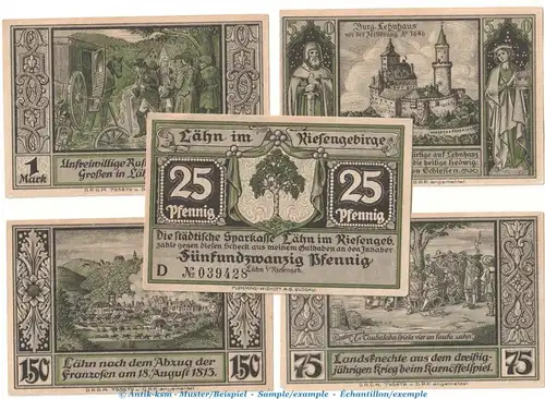 Notgeld Sparkasse Lähn 756.1.b , Wappen Set mit 6 Scheinen in kfr. o.D. Schlesien Seriennotgeld