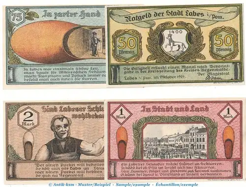Notgeld Stadt Labes 755.1.d , Set mit 4 Scheinen in kfr. von 1921 , Pommern Seriennotgeld