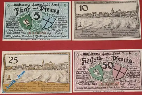 Notgeld Stadt Lyck , Ostpreussen , Polen Elk , kompletter Satz mit 4 Scheinen in kassenfrischer Erhaltung , Seriennotgeld , 849.1 , von 1920