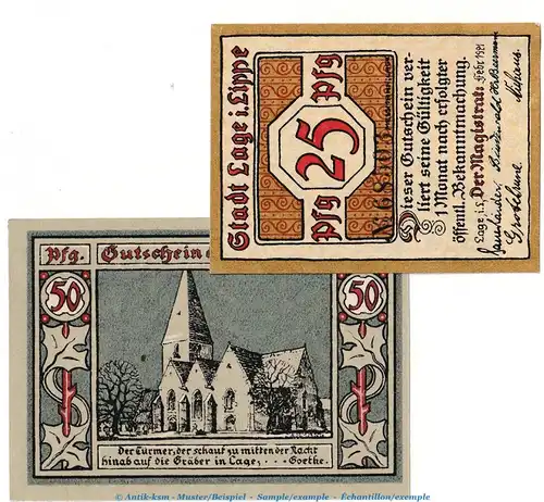 Notgeld Stadt Lage 757.2 , Set mit 2 Scheinen in kfr. von 1921 , Westfalen Seriennotgeld