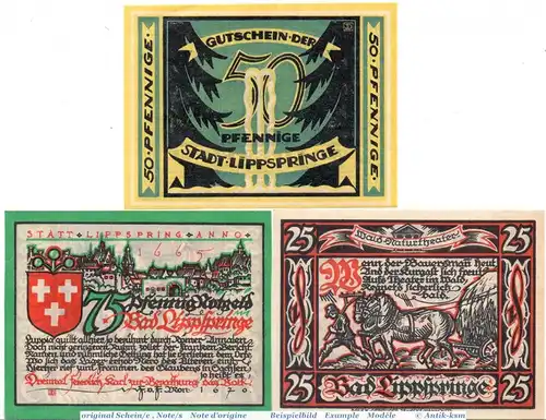Notgeld Stadt Bad Lippspringe 805.1 , Set mit 3 kassenfrischen Scheinen , 1921 , Westfalen Seriennotgeld