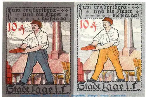 Notgeld Stadt Lage 757.1 , Set mit 2 Scheinen in kfr. von 1921 , Westfalen Seriennotgeld