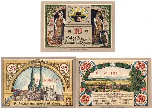 Notgeld Lemgo , Set mit 3 Scheinen kfr. Mehl Grabowski 789.3 , von 1921 , Westfalen Seriennotgeld