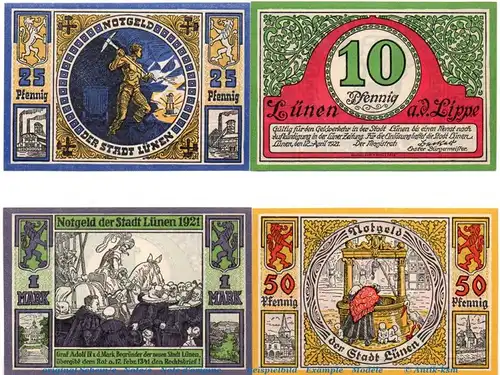Notgeld Stadt Lünen 841.1 , Set mit 4 Scheinen in kfr. von 1921 , Westfalen Seriennotgeld