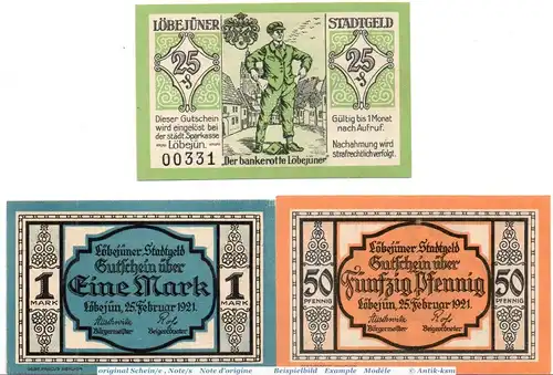 Notgeld Stadt Lobejün , 812.1 , Set mit 3 kassenfrischen Scheinen , von 1921 , Sachsen Anhalt Seriennotgeld