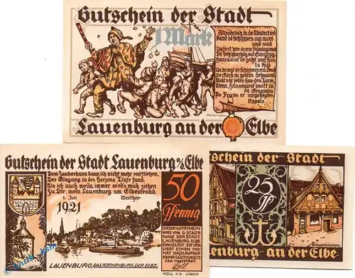 Notgeld der Stadt Lauenburg  , 774.1-2 Set mit 3 Scheinen in kfr. von 1921 , Schleswig Holstein Seriennotgeld