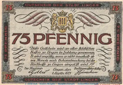 Notgeld Stadt Lingen 803.3 , 75 Pfennig Schein in kfr. von 1921 , Niedersachsen Seriennotgeld