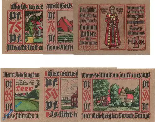 Notgeld Leer , Set mit 6 Scheinen , Mehl Grabowski 782.1 , von 1921 , Niedersachsen Seriennotgeld