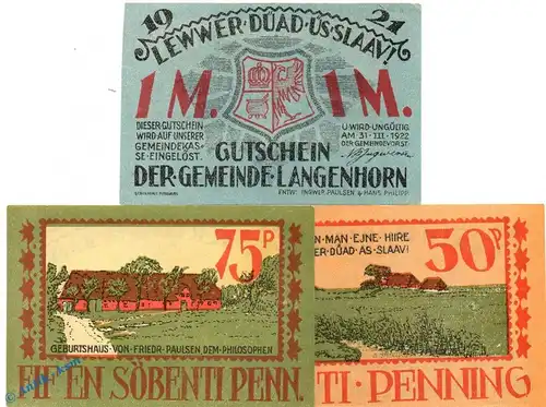 Notgeld Langenhorn , Set mit 3 Scheinen in kfr. Mehl Grabowski 768.1 , von 1921 , Schleswig Holstein Seriennotgeld