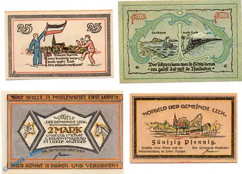 Notgeld Leck , Set mit 4 Scheinen in kfr. Mehl Grabowski 780.1 , von 1921 , Schleswig Holstein Seriennotgeld