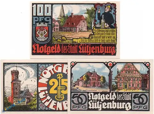 Notgeld Lütjenburg , Set mit 3 Scheinen in kfr. Mehl Grabowski 843.1 , von 1921 , Schleswig Holstein Seriennotgeld