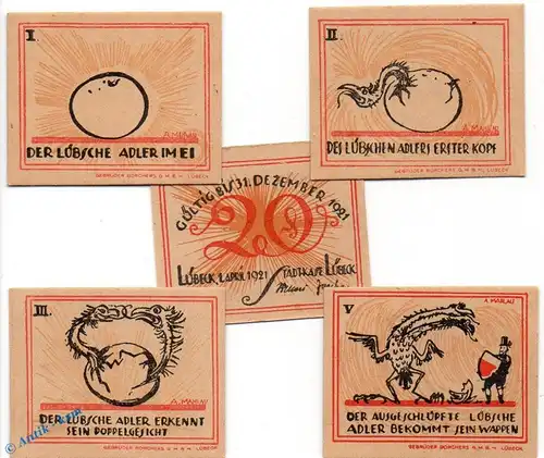 Notgeld Lübeck , Stadtkasse , Set mit 5 Scheinen in kfr. Mehl Grabowski 831.1 , von 1921 , Schleswig Holstein Seriennotgeld