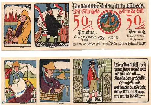 Notgeld Lübeck , Volksgilde , Set mit 6 Scheinen in kfr. Mehl Grabowski 828.1 , von 1921 , Schleswig Holstein Seriennotgeld