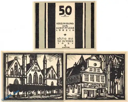 Notgeld Lübeck , Kunstpflege , Set mit 3 Scheinen in kfr. Mehl Grabowski 832.1 , von 1921 , Schleswig Holstein Serinnotgeld