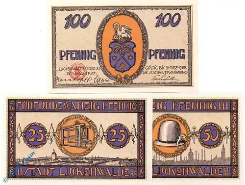 Notgeld der Stadt Luckenwalde , 817.1 Set mit 3 Scheinen in kfr. von 1921 , Brandenburg Seriennotgeld