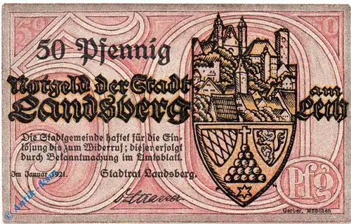 Notgeld Landsberg a. Lech , 50 Pfennig Schein , Mehl Grabowski 762.1 , von 1921 , Bayern Serien Notgeld