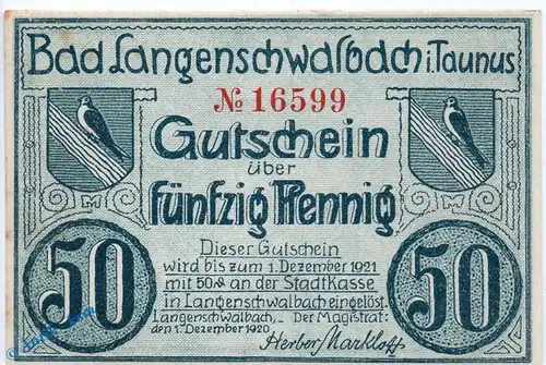 Notgeld Langenschwalbach , 50 Pfennig Schein in kfr. Mehl Grabowski 771.1 , von 1920 , Hessen Seriennotgeld