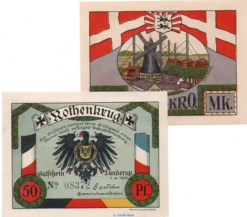 Notgeld Lunderup Rothenkrug 846.1 , Set mit 2 Scheinen in kfr. von 1920 , dänisch Nordschleswig Seriennotgeld