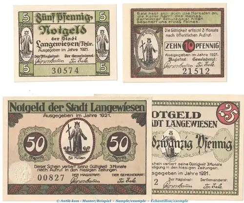 Notgeld Stadt Langewiesen 772.1 , Set mit 4 Scheinen in kfr. o.D. Thüringen Seriennotgeld