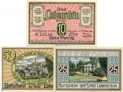 Notgeld Lobenstein , Set mit 3 Scheinen in kfr. Mehl Grabowski 809.1 , von 1921 , Thüringen Seriennotgeld