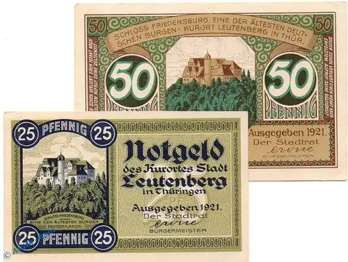 Notgeld Leutenberg , Set mit 2 Scheinen in kfr. Mehl Grabowski 796.1 , von 1921 , Thüringen Seriennotgeld