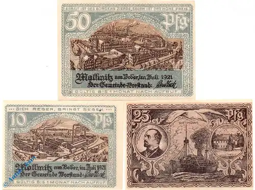 Notgeld Malmitz , Set mit 3 Scheinen , Mehl Grabowski 865.1 , von 1921 , Schlesien Seriennotgeld