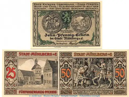 Notgeld Stadt Mühlberg 903.1 , Set mit 3 Scheinen in kfr. von 1921 , Brandenburg Seriennotgeld