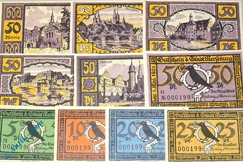 Notgeld Stadt Merseburg , Sachsen Anhalt , vollständiger Satz mit 10 Scheinen in kassenfrischer Erhaltung , Seriennotgeld , 884.1 , von 1921