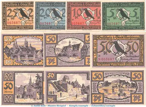 Notgeld Stadt Merseburg 884.2 , Büttenpapier Set mit 10 Scheinen in kfr. von 1921 , Sachsen Anhalt Seriennotgeld