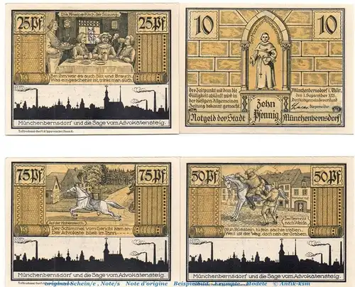 Notgeld Gemeinde Münchenbernsdorf 911.3 , Set mit 4 Scheinen in kfr. von 1921 , Thüringen Seriennotgeld