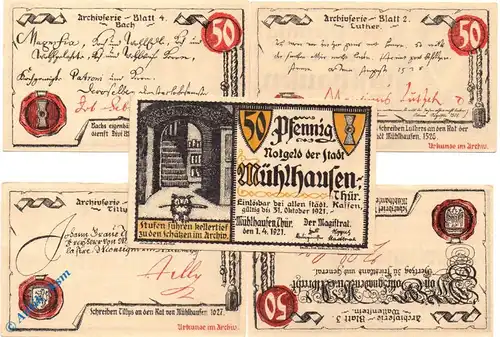 Notgeld Stadt Mühlhausen , Thüringen , vollständiger Satz mit 5 Scheinen in kassenfrischer Erhaltung , Seriennotgeld , 905.1 , von 1921