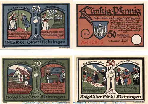 Notgeld Stadt Meiningen 877.1 , Set mit 4 Scheinen in kfr. von 1921 , Thüringen Seriennotgeld