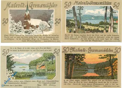 Notgeld Gemeinde Malente 864.3 , Set mit 4 Scheinen in kfr. von 1921 , Schleswig Holstein Seriennotgeld