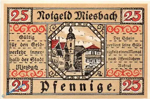 Notgeld Miesbach , 25 Pfennig Schein in kfr. Mehl Grabowski 888.2 , von 1921 , Bayern Seriennotgeld