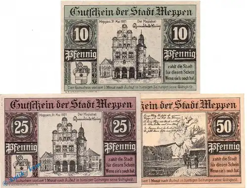 Notgeld Meppen , Set mit 3 Scheinen in kfr. Mehl Grabowski 883.1 , von 1921 , Niedersachsen Seriennotgeld