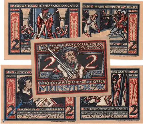 Notgeld Münster , Wiedertäufer , Set mit 5 Scheinen in kfr. Mehl Grabowski 916.2 , von 1921 , Westfalen Seriennotgeld