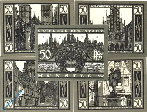 Notgeld Münster , Set mit 5 Scheinen in kfr. Mehl Grabowski 916.1 , von 1921 , Westfalen Seriennotgeld