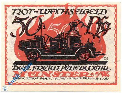 Notgeld Münster , Feuerwehr , 50 Pfennig Schein , Mehl Grabowski 913.1 , von 1921 , Westfalen Serien Notgeld 